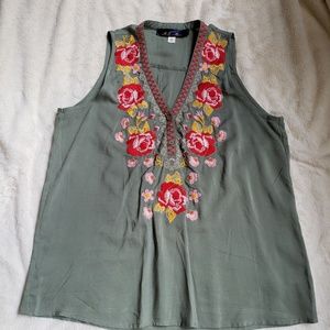 Green Tank with Floral Embroidery